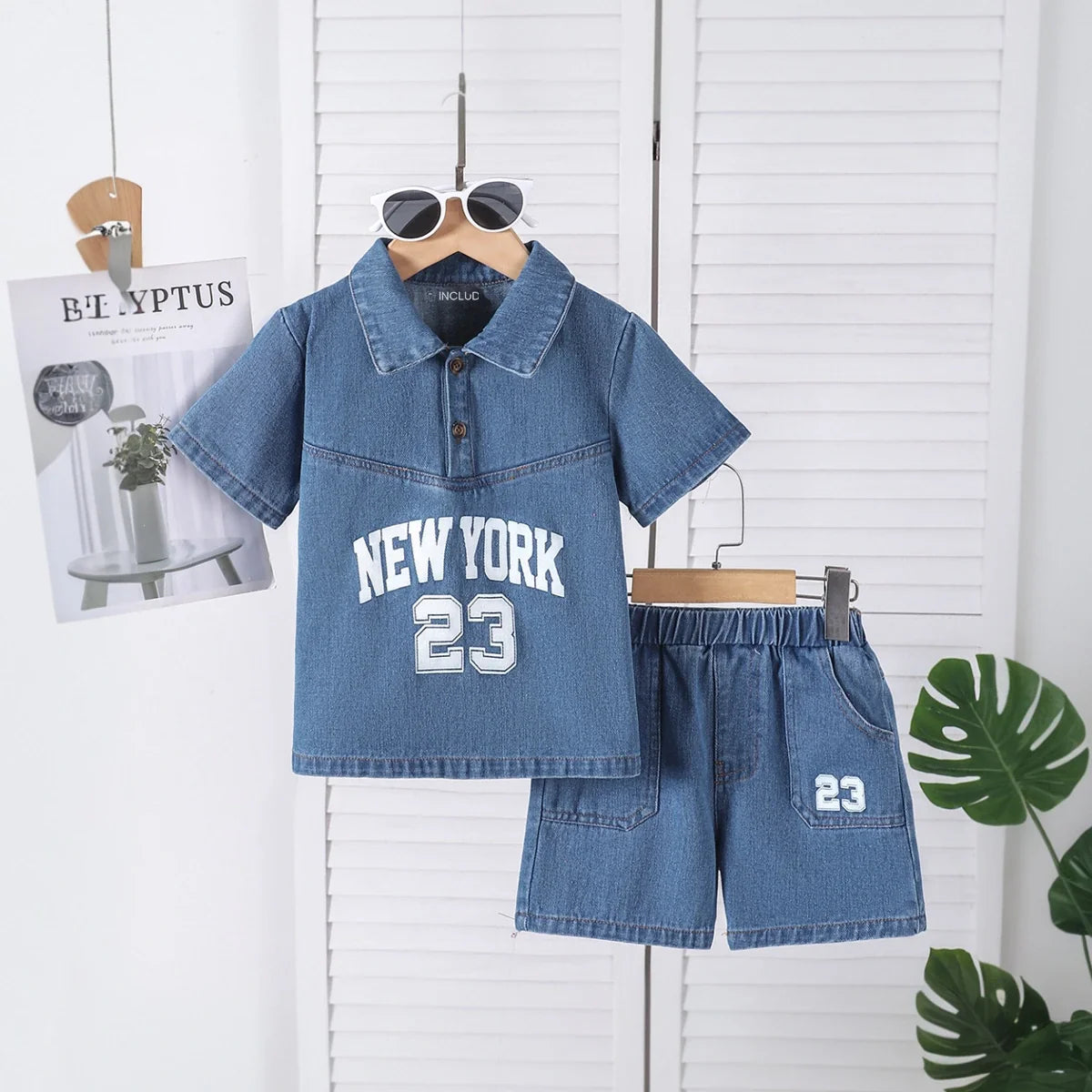 Boys Blue Alphanumeric Print Short Sleeve Denim Shirt With Shorts Sets