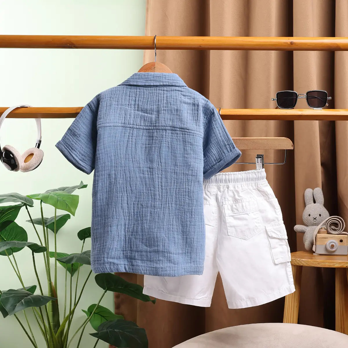Boys Blue Graphics Short Sleeve Shirt With Elasticated Shorts Sets