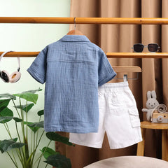 Boys Blue Graphics Short Sleeve Shirt With Elasticated Shorts Sets