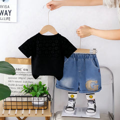 Boys Black Letter G Printed T-Shirt With Denim Shorts Set