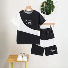 Boys Black Color-blocked Short Sleeves T-Shirt & Shorts Co-ord Sets