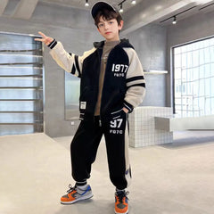 Boys Black Alphanumeric Printed Oversized Hooded Zipper Jacket With Jogger Sets