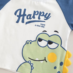 Boys Blue Happy Dinosaur Print Raglan Sleeve T-Shirt With Shorts Set