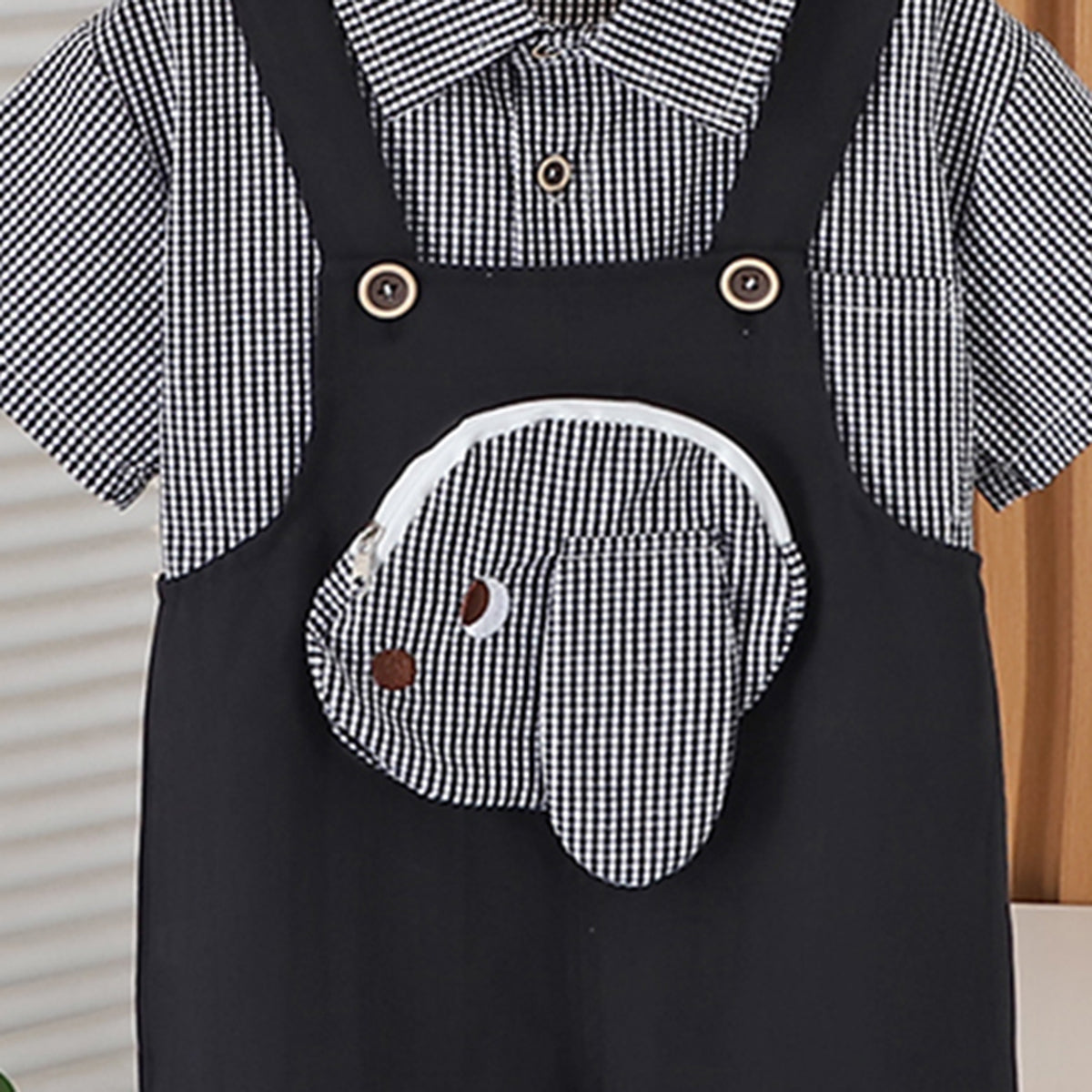 Boys Black Gingham Check Shirt With Embroidery Applique Dungaree Set