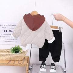 Boys Beige Embroidered Quilted Puffer Jacket With Jogger Sets