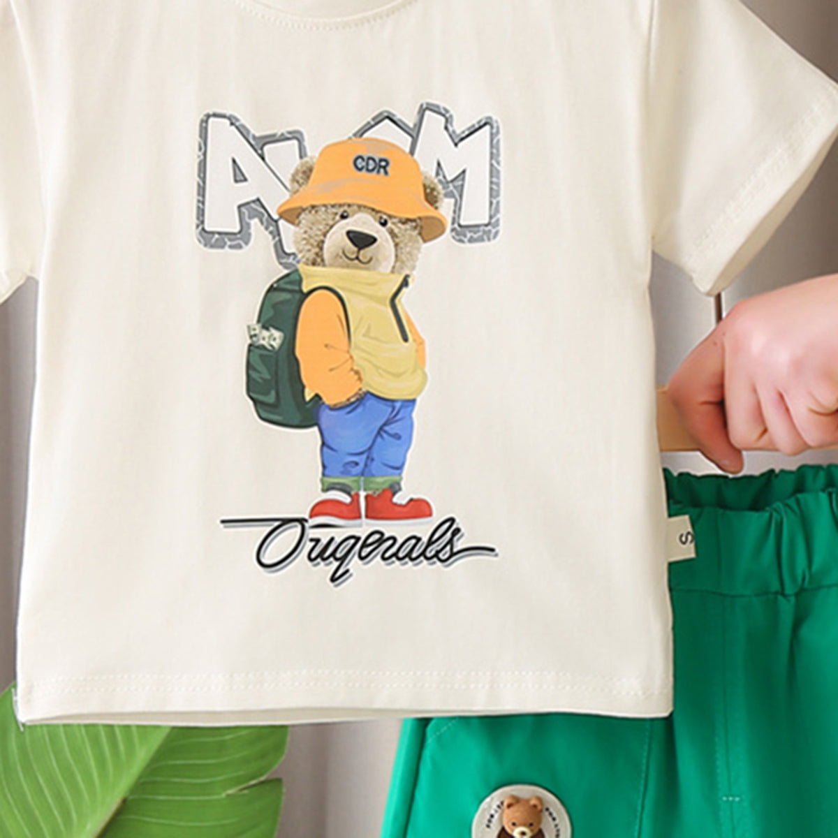 Boys Beige Teddy With Bag Pack Printed T-Shirt With Shorts set