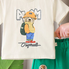 Boys Beige Teddy With Bag Pack Printed T-Shirt With Shorts set