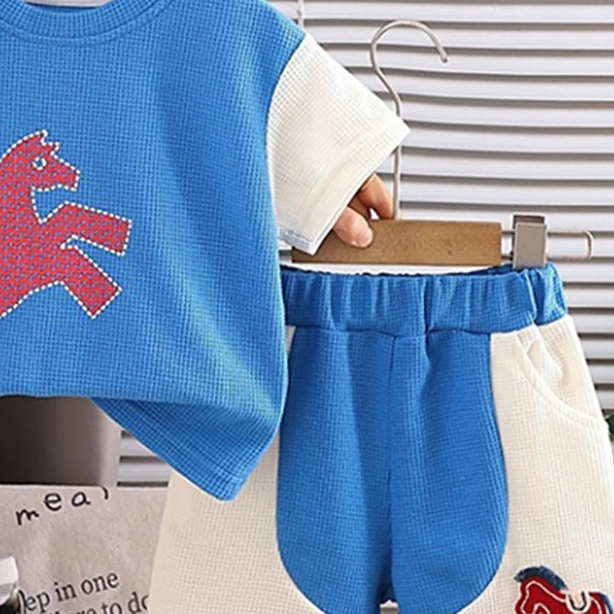 Boys Blue Horse Printed Short Sleeve T-Shirt With Elasticated Shorts Sets
