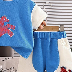 Boys Blue Horse Printed Short Sleeve T-Shirt With Elasticated Shorts Sets