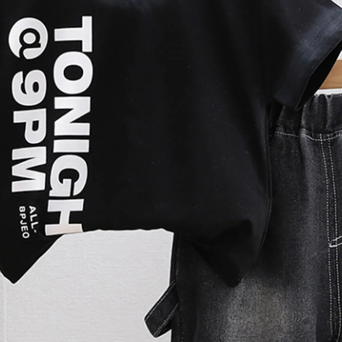 Boys Black Typographic Print T-Shirt With Denim Shorts Set