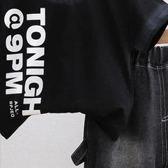 Boys Black Typographic Print T-Shirt With Denim Shorts Set
