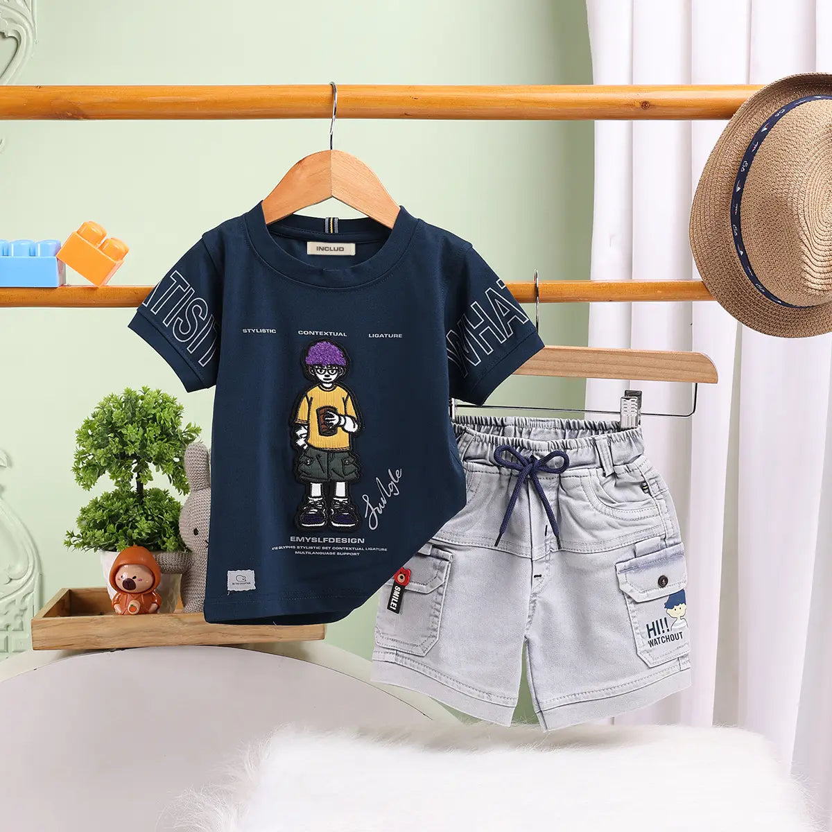 Boys Blue Graphics Short Sleeves T-Shirt With Cargo Shorts Set