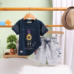 Boys Blue Graphics Short Sleeves T-Shirt With Cargo Shorts Set