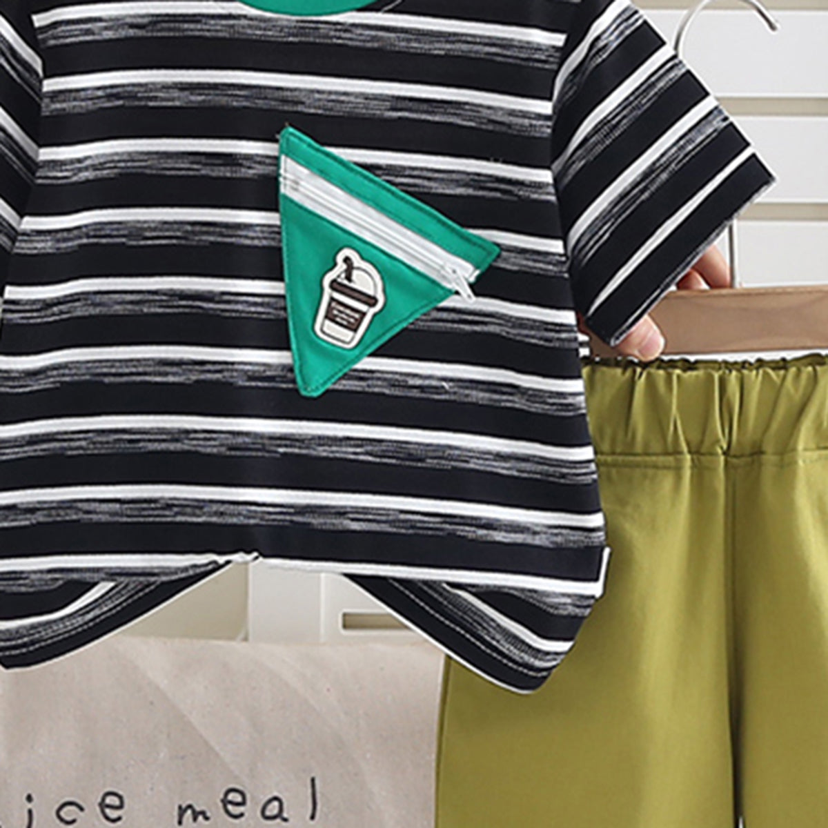 Boys Black Striped Triangular Patch Pocket T-Shirt With Brown Shorts Set