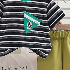 Boys Black Striped Triangular Patch Pocket T-Shirt With Brown Shorts Set