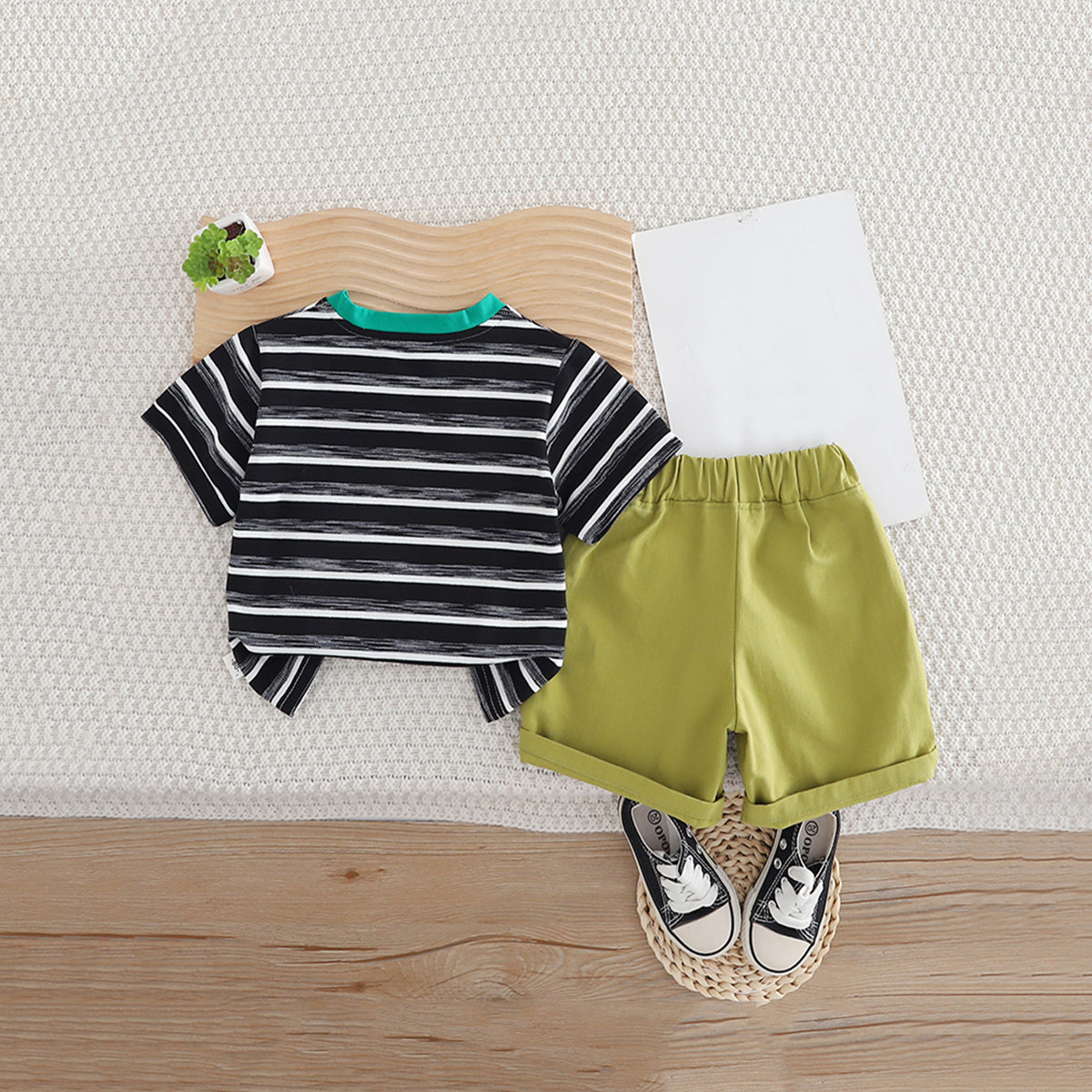 Boys Black Striped Triangular Patch Pocket T-Shirt With Brown Shorts Set