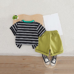 Boys Black Striped Triangular Patch Pocket T-Shirt With Brown Shorts Set