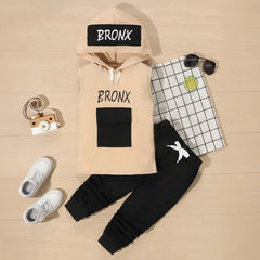 Boys Beige Typography Print Hooded Vest With Joggers Sets