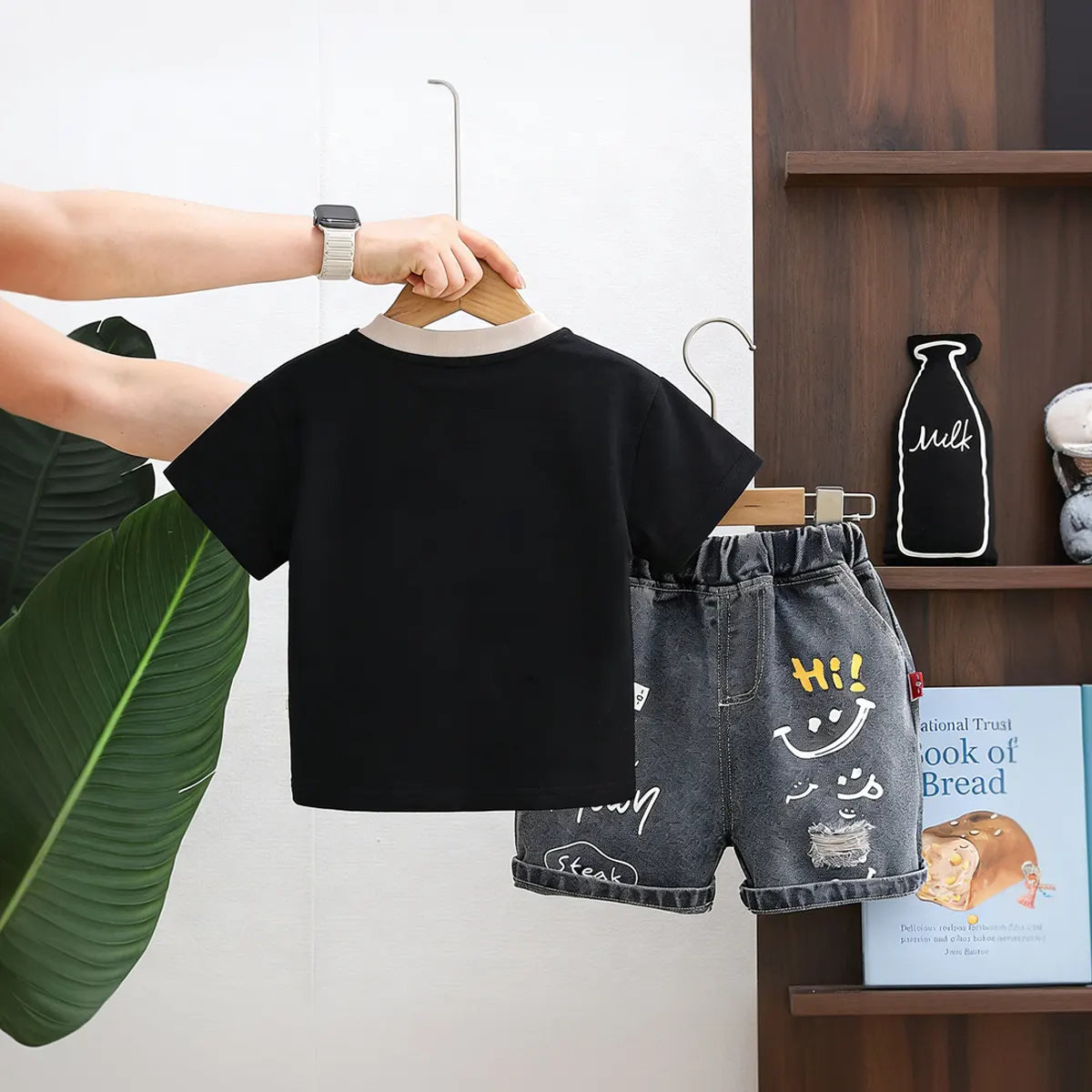 Boys Black Typographic Print T-Shirt With Distressed Denim Shorts Set