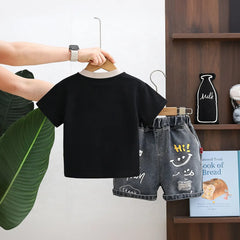 Boys Black Typographic Print T-Shirt With Distressed Denim Shorts Set
