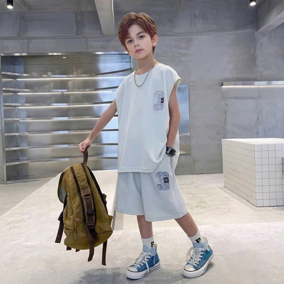 Boys Apricot Typographic Printed Sleeveless T-Shirt With Elasticated Shorts Sets