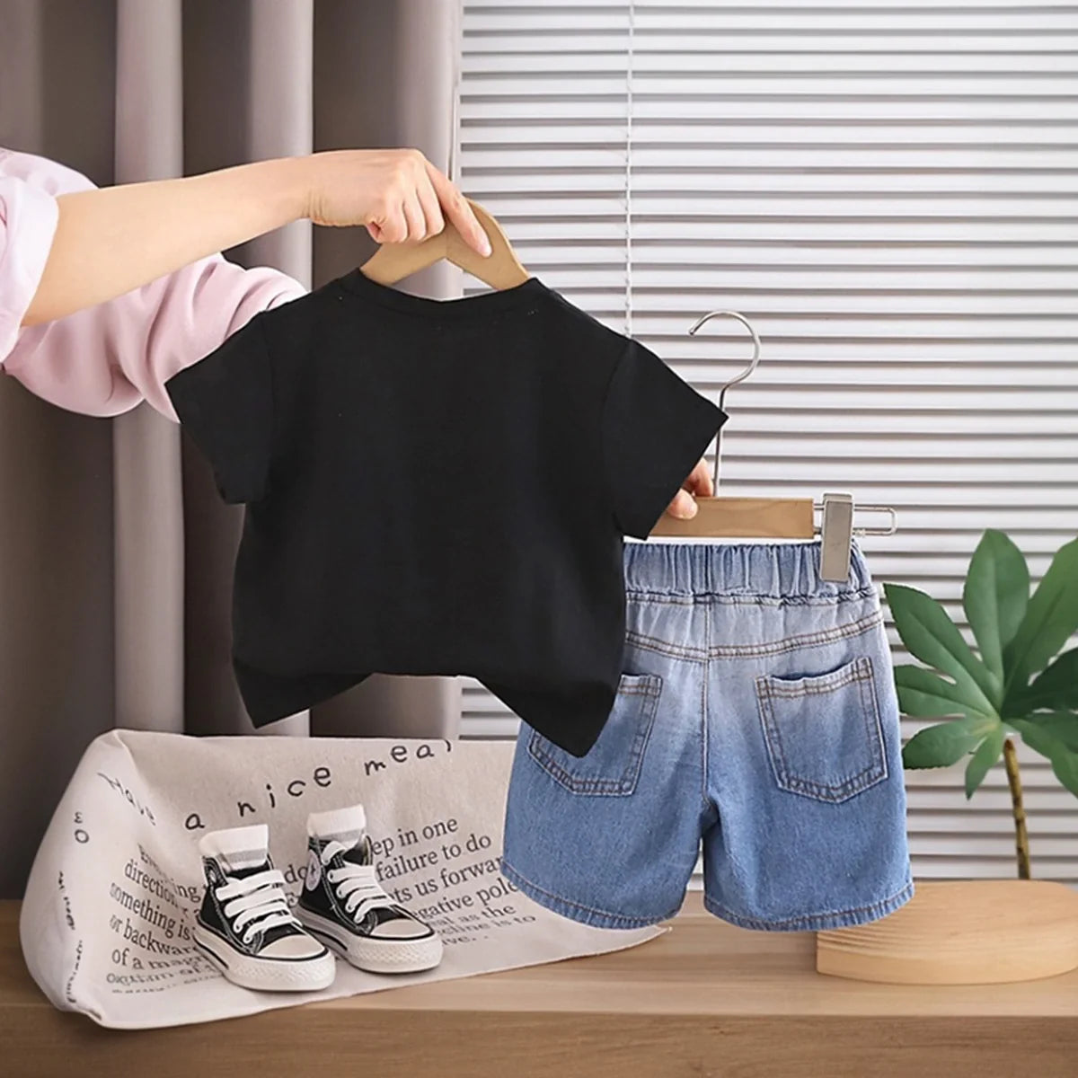 Boys Black Graphic Printed Short Sleeve T-Shirt With Denim Shorts Sets