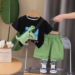 Boys Black Dinosaur Graphic Short Sleeve T-Shirt With Shorts Sets