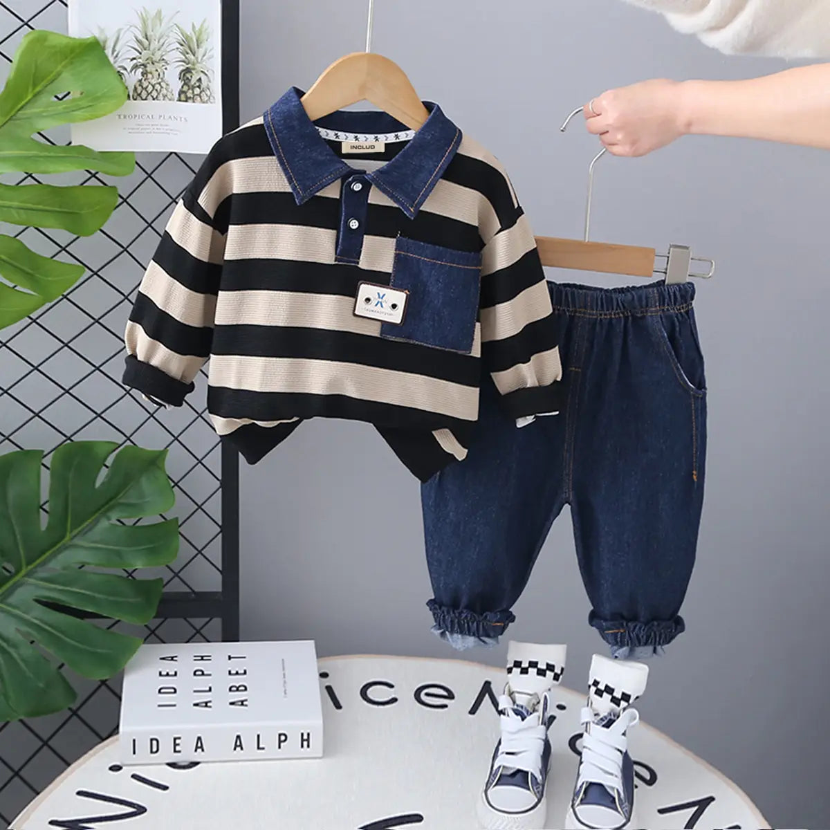 Boys Beige Stripes Polo Sweatshirt With Denim Pants Set