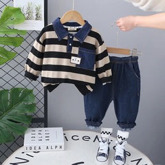 Boys Beige Stripes Polo Sweatshirt With Denim Pants Set