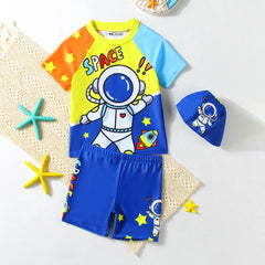 Boys Blue Astronaut Print T-Shirt With Shorts & Swim Cap Swimwear Sets