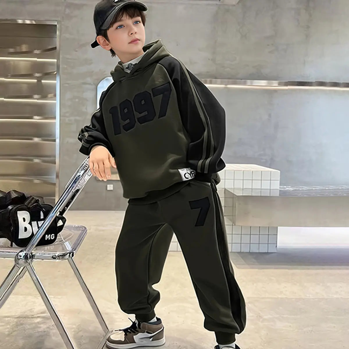 Boys Army Green Numeric Printed Oversized Hooded Sweatshirt With Jogger Co-ord Sets