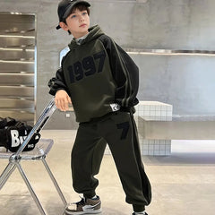 Boys Army Green Numeric Printed Oversized Hooded Sweatshirt With Jogger Co-ord Sets