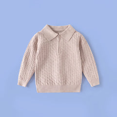 Boys Beige Long Sleeve Textured Polo Sweater