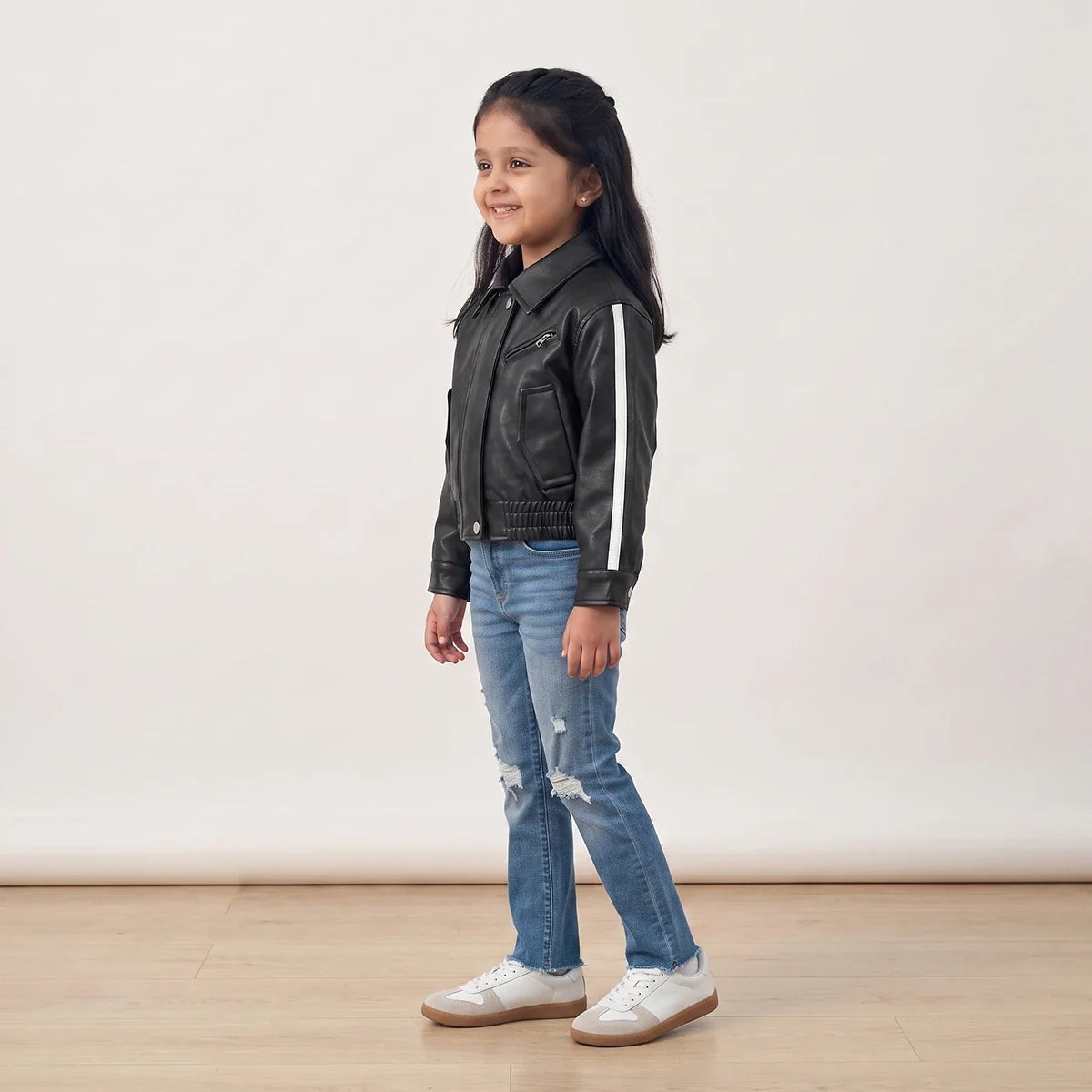 Boys Black Striped Long Sleeve Faux Leather Jackets
