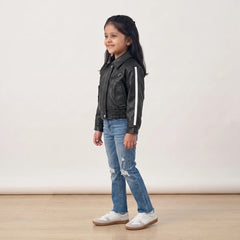 Boys Black Striped Long Sleeve Faux Leather Jackets