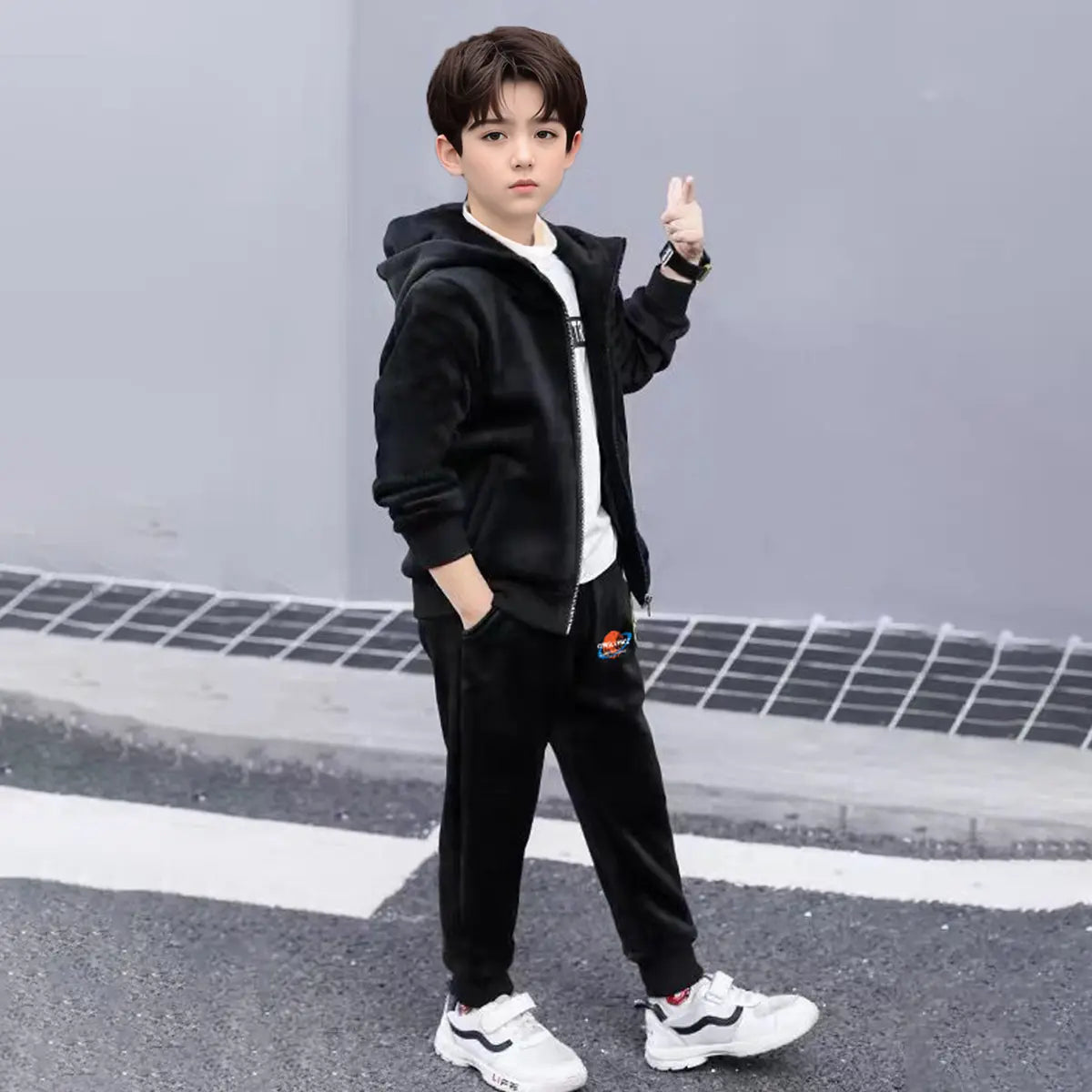 Boys Black Hooded Zipper Jacket With Jogger Co-ord Sets