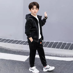 Boys Black Hooded Zipper Jacket With Jogger Co-ord Sets