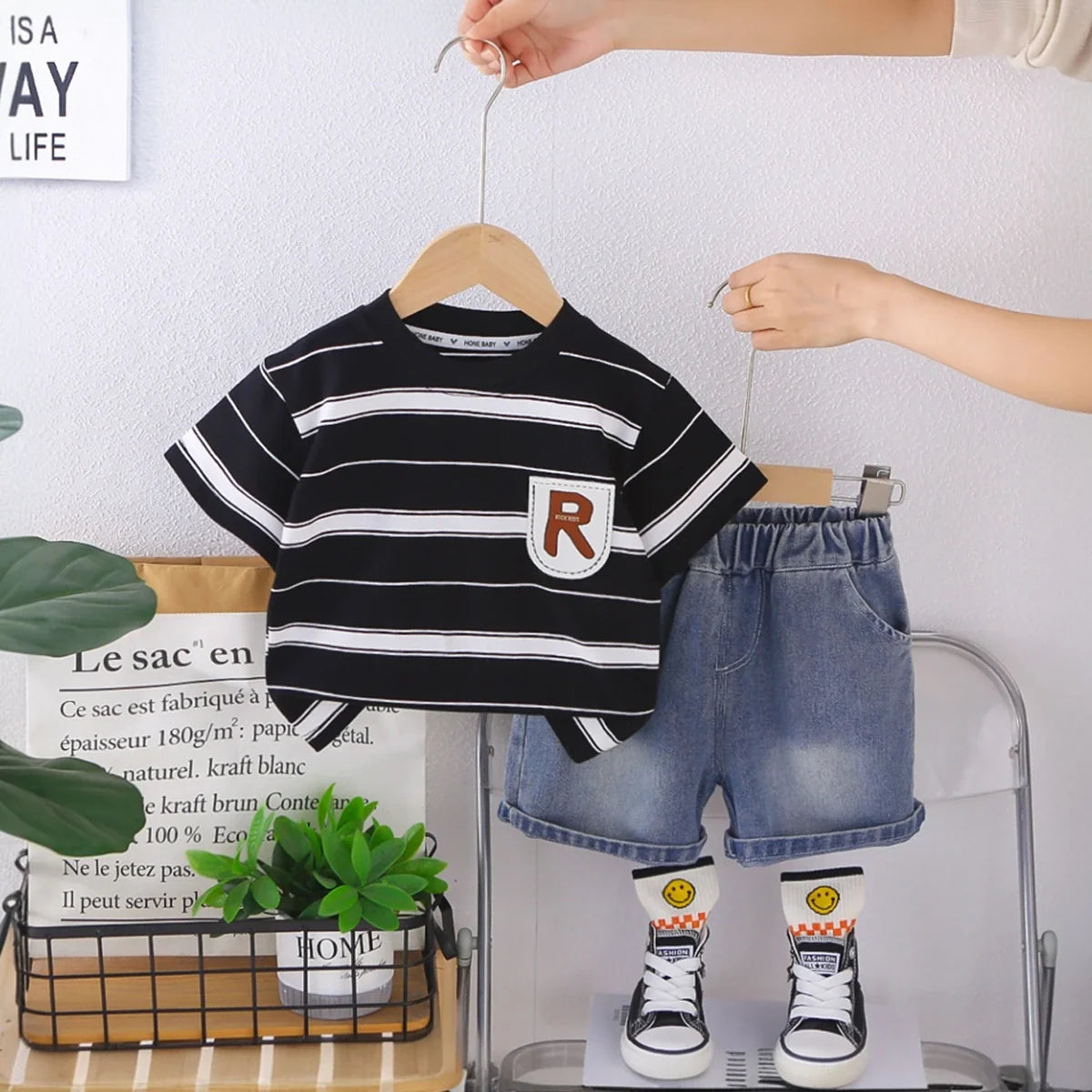 Boys Black Stripes Short Sleeves T-Shirt With Denim Shorts Set