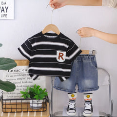 Boys Black Stripes Short Sleeves T-Shirt With Denim Shorts Set