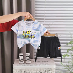Boys Blue Abstract Print Short Sleeve T-Shirt With Elasticated Shorts Sets