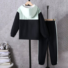 Boys Black Color-blocked Half Zipper Sweatshirt With Fur Lining & Pants Sets