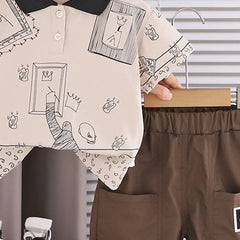 Boys Apricot Printed Short Sleeve Polo T-Shirt With Elasticated Shorts Sets