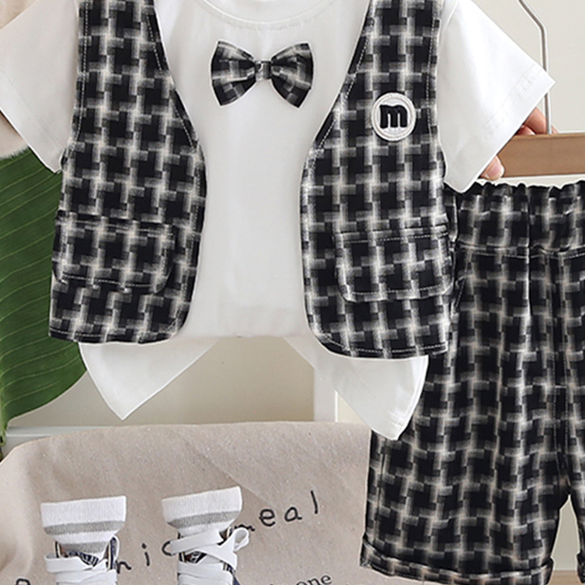 Boys Attached Waistcoat T-Shirt With Black Abstract Printed Shorts Set