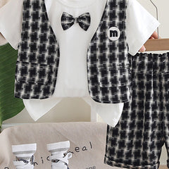 Boys Attached Waistcoat T-Shirt With Black Abstract Printed Shorts Set