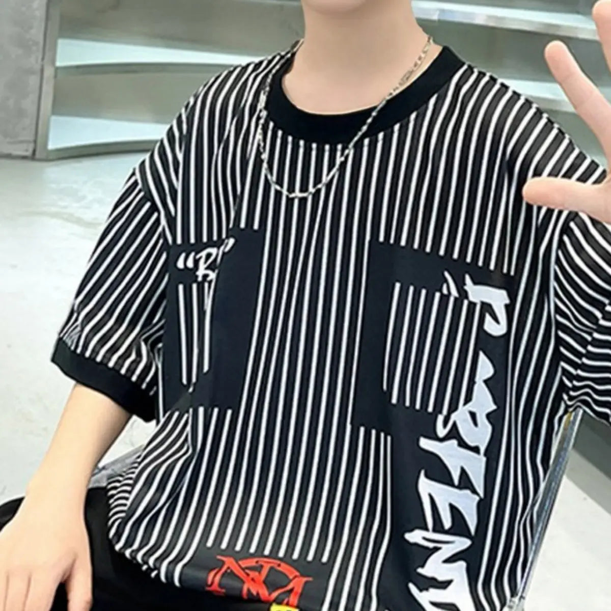 Boys Black Stripes Short Sleeves Oversized T-Shirt With Shorts Set