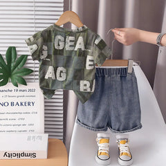 Boys Army Green Typographic Printed Short Sleeves T-Shirt With Denim Shorts Sets