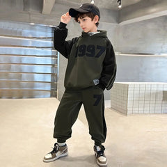 Boys Army Green Numeric Printed Oversized Hooded Sweatshirt With Jogger Co-ord Sets