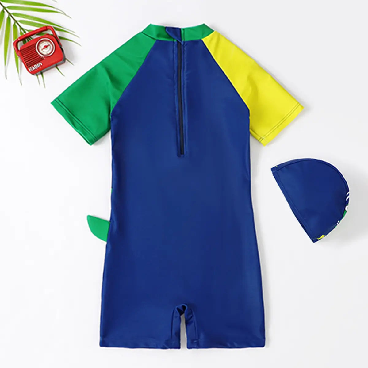 Boys Blue Graphics Swimwear Bodysuit With Swim Cap