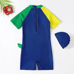 Boys Blue Graphics Swimwear Bodysuit With Swim Cap