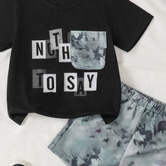 Boys Black Typographic Printed Contrast Patch Pocket T-Shirt With Shorts Set